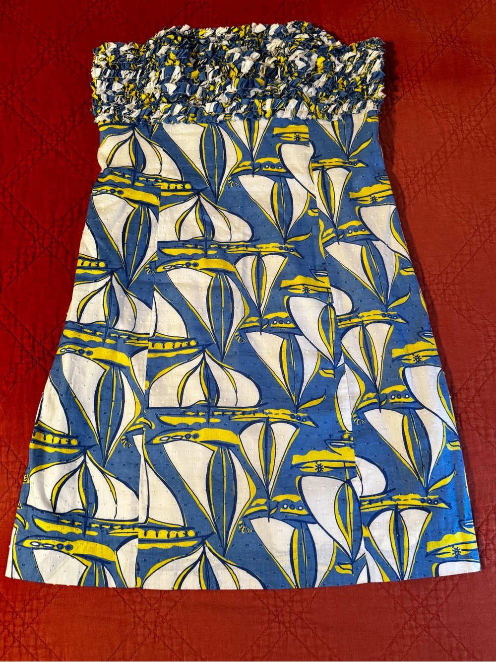 Lilly Pulitzer Blue, White & Yellow Strapless Sailboat Dress